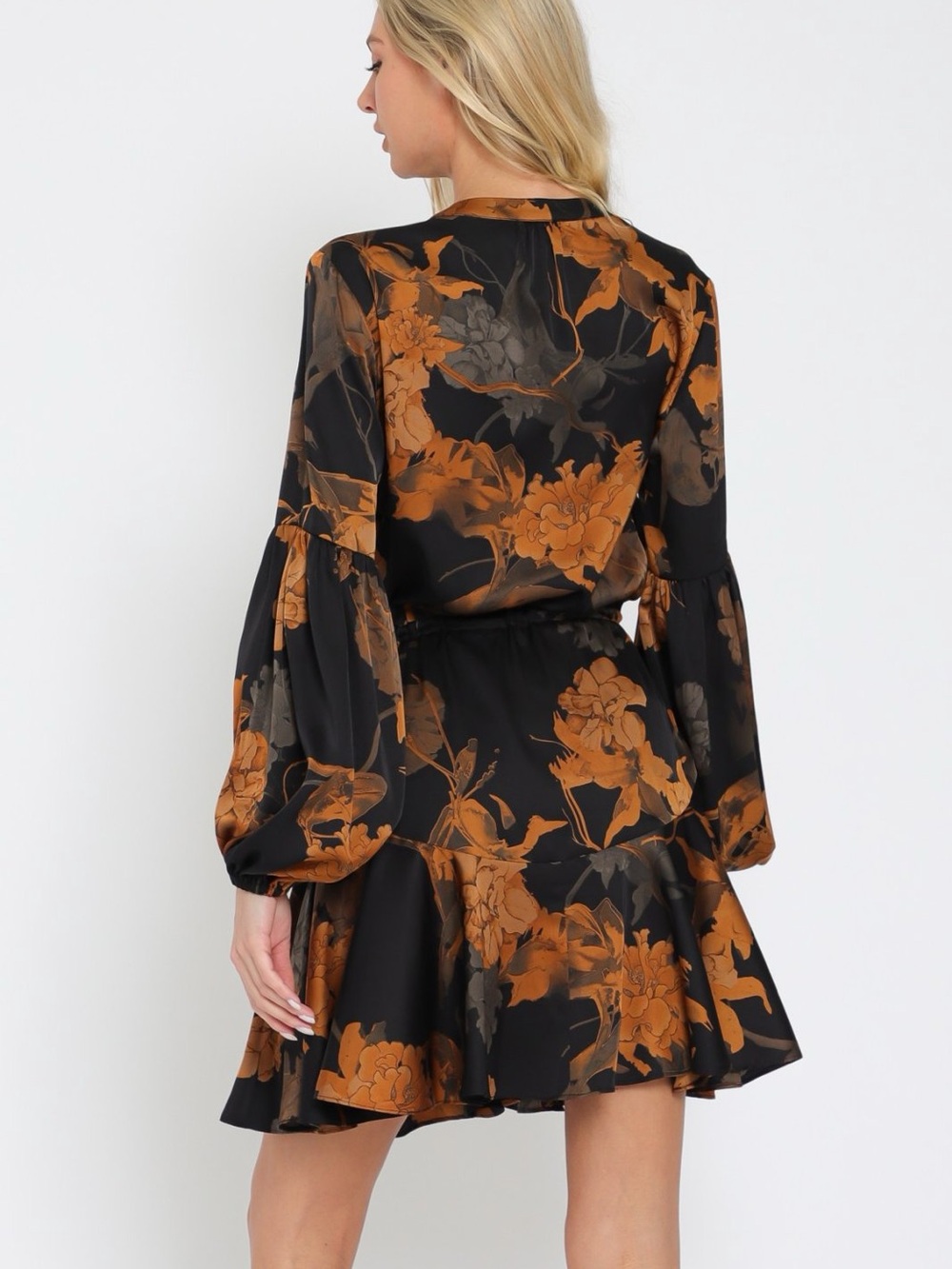 Aakaa Black & Burnt Orange Fall Floral Button-Front Mini Dress - Small - Picture 2 of 8